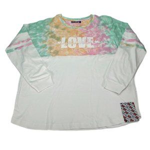 Womens T-Shirt Size Large Tie Dye Long Sleeve "Love Yourself" Pastel White Pink